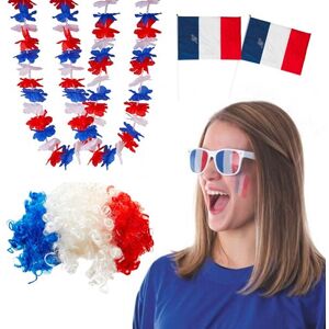 Sparklers Club Kit Supporter France Allez les Bleus 6 accessoires : 2 Drapeaux France 30x45cm, Perruque Afro, 2 Colliers Hawaïens France, Lunettes Grille France