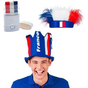 CDA Kit Supporter France Allez les Bleus 3 accessoires : Coiffe France, Chapeau France a Clochettes, Maquillage a Bandes Bleu Blanc Rouge pour Foot Rugby