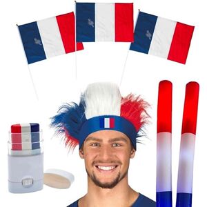 Sparklers Club Kit Supporter France Allez les Bleus 7 Accessoires : Coiffe, Maquillage a Bande, 3 Drapeaux France 30x45cm, 2 Batons LED Tricolores