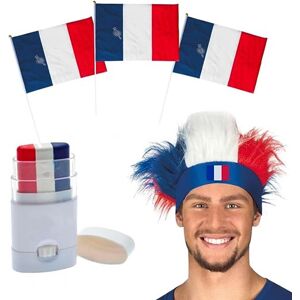 Sparklers Club Kit Supporter France Allez les Bleus 5 Accessoires : Coiffe, Maquillage a Bande Bleu Blanc Rouge, 3 Drapeaux France 30x45cm