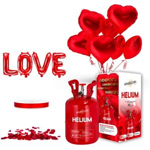 Party Deco PACK MY VALENTINE RED HEART - Ballons C?ur Rouge (x10) + Bouteille Helium + 100 petales de rose rouge + Ballon LOVE + Ruban