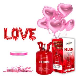 Party Deco PACK MY VALENTINE PINK HEART - Ballons C?ur Rose (x10) + Bouteille Helium + 100 petales de rose rouge + Ballon LOVE + Ruban