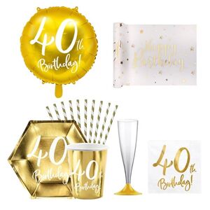 Party Deco Pack 40th Birthday - Blanc et or metallique - 12 personnes 