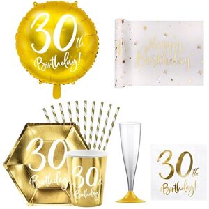 Party Deco Pack 30th Birthday - Blanc et or metallique - 12 personnes 