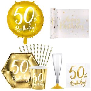 Party Deco Pack 50th Birthday - Blanc et or metallique - 12 personnes 