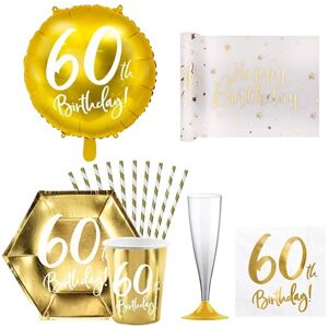 Party Deco Pack 60th Birthday - Blanc et or metallique - 12 personnes 