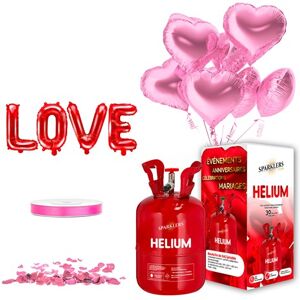 Party Deco PACK MY VALENTINE PINK HEART - Ballons C?ur Rose (x10) + Bouteille Helium + 100 petales de rose rouge + Ballon LOVE + Ruban