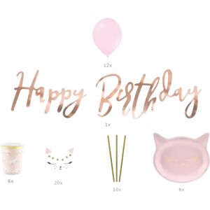 Papier Kit decoration anniversaire theme Chat Rose & Or