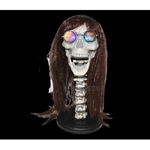 Tete de squelette avec perruque et lunettes lumineuse 43cm