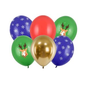 Party Deco Lot de 6 ballons Noel imprimes - Flocon/Vert/Rouge/Or - 30cm