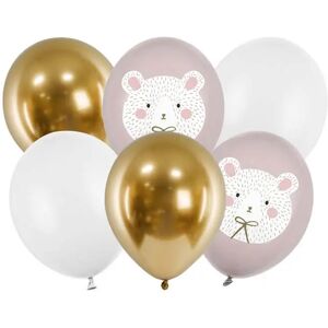 Party Deco Lot de 6 ballons Noel imprimes Ours - Rose/Blanc/Or - 30cm