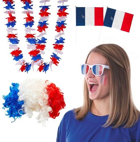 Sparklers Club Kit Supporter France Allez les Bleus 6 accessoires : 2 Drapeaux France 30x45cm, Perruque Afro, 2 Colliers Hawaïens France, Lunettes Grille France