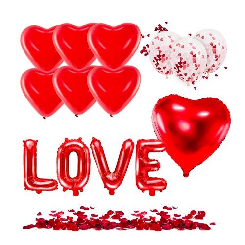 Party Deco PACK LOVE ROUGE - Ballon cœur rouge (x6) + 100 pétales de rose rouge + Ballon LOVE + ballons conffettis cœur rouge