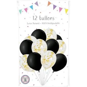 Cotillons Alsace Lot de 6 Ballons Confettis metal Or & 6 ballons noirs - 30cm