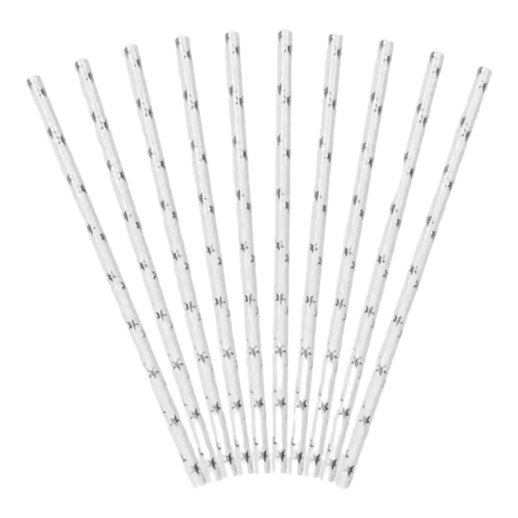 Party Deco Paille en papier blanche étoile argent (lot de 10)