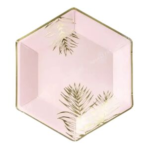 Party Deco Assiette en papier rose avec motif feuille d'or (Lot de 6)