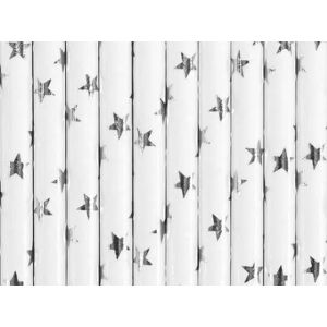 Party Deco Paille en papier blanche etoile argent (lot de 10)