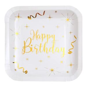 Santex Assiette Carree Happy Birthday Or/Blanc (lot de 10)