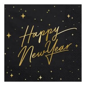 Party Deco Serviette en papier Happy New Year - Noir - Lot de 20