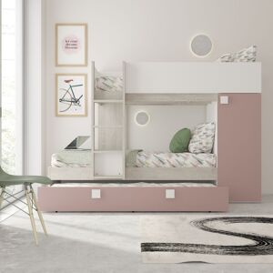 Toscohome Lit superposé pour deux enfants avec lit gigogne et armoire couleur blanc usé et rose antique