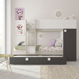 Toscohome Lit superposé pour deux enfants avec lit gigogne et armoire couleur blanc usé et anthracite