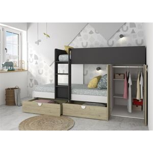 Toscohome Lit superposé Gilbo pour deux enfants avec armoire et tiroirs couleur chêne et anthracite