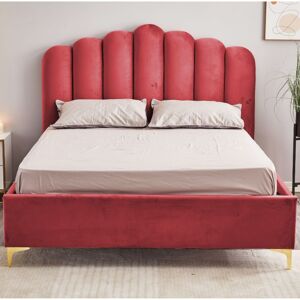 Toscohome Lit double avec coffre de rangement et tête de lit festonnée en velours rouge - Artu