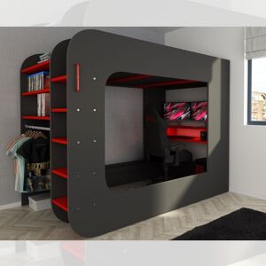 Toscohome Lit superposé pour enfant avec bureau de joueur en anthracite et rouge