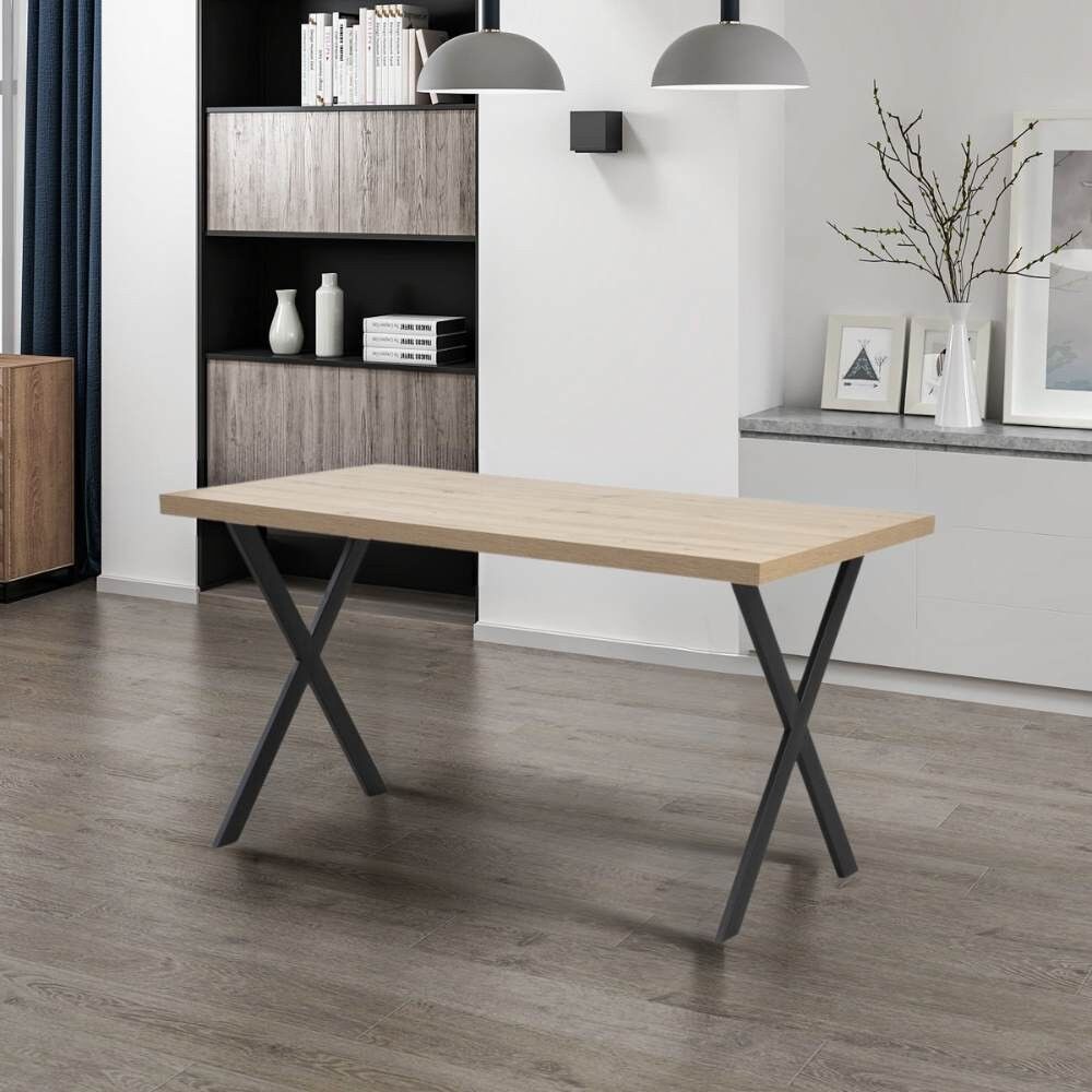 Toscohome Table rectangulaire en bois couleur chêne 139x80 cm avec pieds croisés en métal noir - Bryan