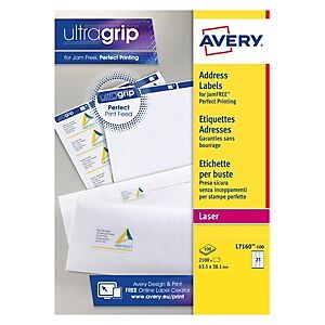 Avery L7160 Etiquettes adresses blanches laser 63,5 x 38,1 mm - Boîte de 2100 - Publicité