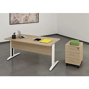 JPG Pack Bureau droit Pronto Metal - L.140 x P.80 cm - Plateau Chene - Pieds Blanc + Caisson mobile 3 tiroirs L.43 x P.42 x H.60 cm