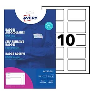Avery Badges adhésifs en soie-acétate pour imprimantes laser, repositionnables, 80 x 50 mm, 20 feuilles, 10 étiquettes par feuille, blanc - Publicité