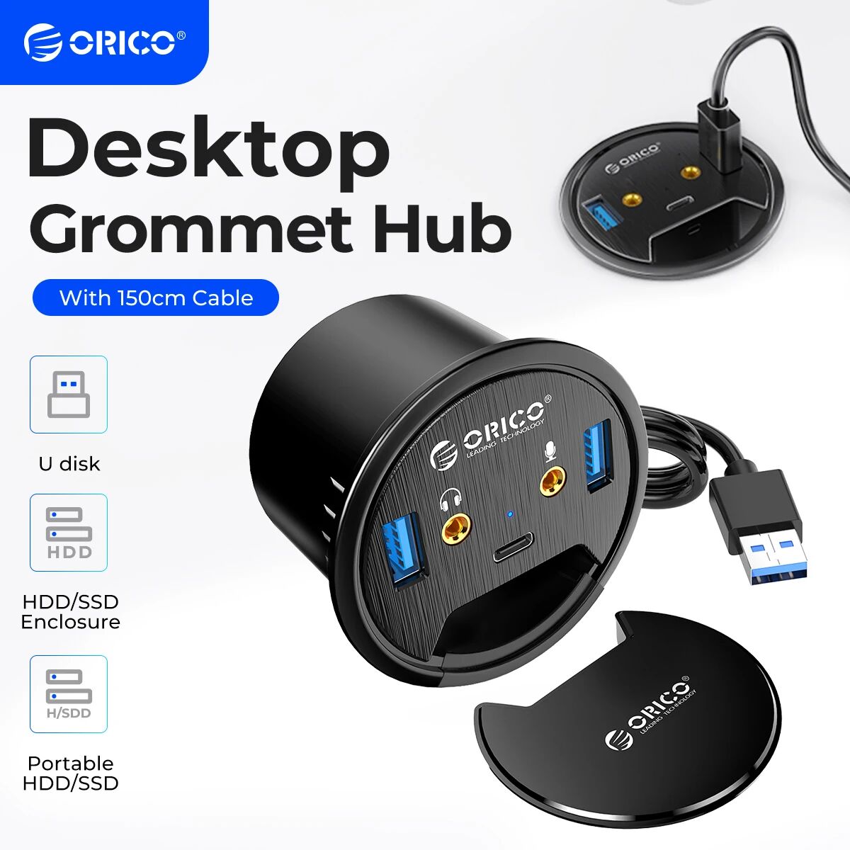 ORICO ? ?illet de bureau HUB USB 3.0  avec Port pour casque  Microphone  lecteur de carte de Type C