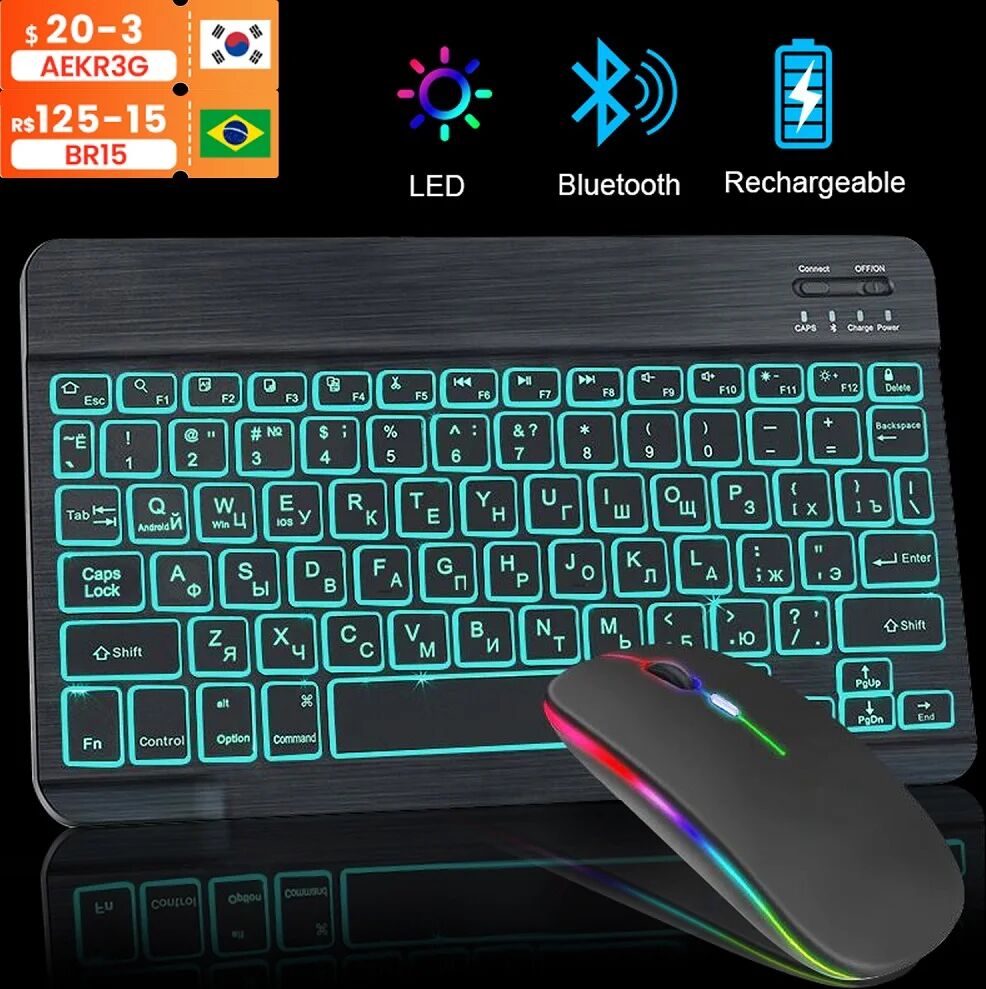 EASYIDEA Clavier et souris Bluetooth RVB sans fil rechargeables  russe  espagnol  rétroéclairage  iPad