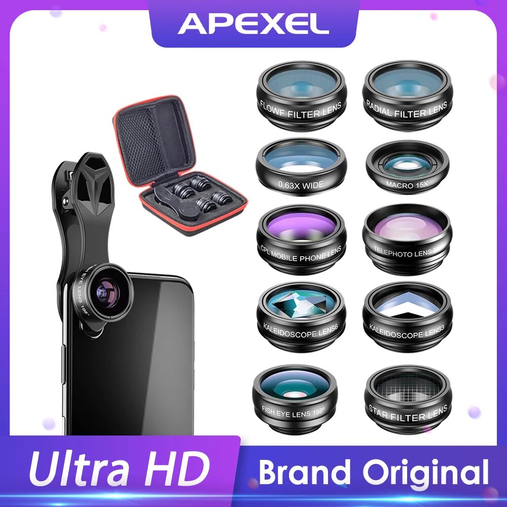 APEXEL Kit d'objectif de caméra de téléphone 10 en 1 Fisheye objectif macro grand Angle filtre CPL