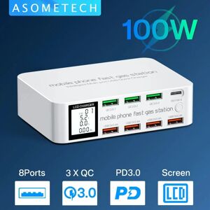 ASOMETECH Chargeur USB rapide à 8 Ports 100W QC3.0 PD USB type-c  adaptateur de Station de charge pour