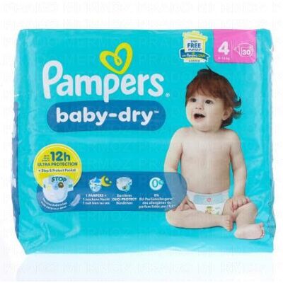 Pampers Baby Dry 12h Taille 4 - 9à14kg X30 Couches - Publicité Pampers Baby Dry 12h Taille 4 - 9à14kg X30 Couches - Publicité