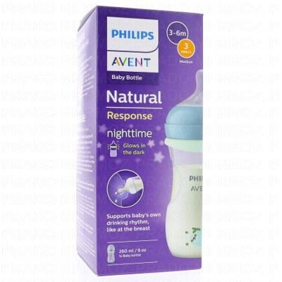 Avent Biberon Natural Response Biberon Tétine Silicone +1mois 260ml Special Nuit - Publicité Avent Biberon Natural Response Biberon Tétine Silicone +1mois 260ml Special Nuit - Publicité