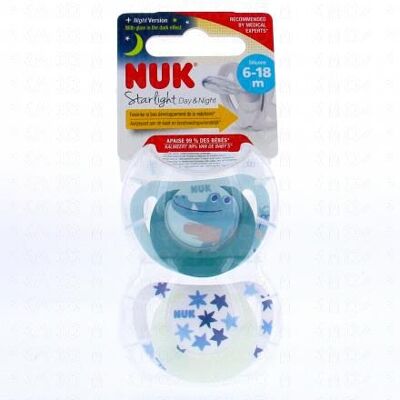 Nuk Starlight Jour/nuit - Sucettes 6-18 Mois X2 Crocodile Bleu - Publicité Nuk Starlight Jour/nuit - Sucettes 6-18 Mois X2 Crocodile Bleu - Publicité