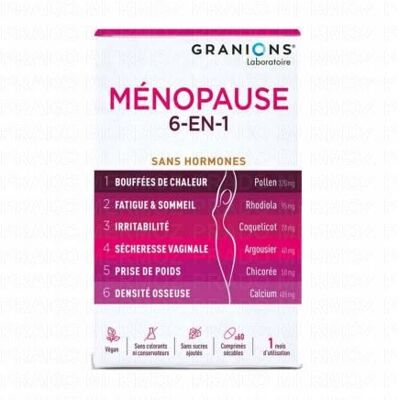 Granions Ménopause 6en1 Sans Hormone 60 Comprimés - Publicité Granions Ménopause 6en1 Sans Hormone 60 Comprimés - Publicité