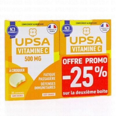 Upsa Vitamine C 500mg Lot De 2x30 Comprimés À Croquer - Publicité Upsa Vitamine C 500mg Lot De 2x30 Comprimés À Croquer - Publicité