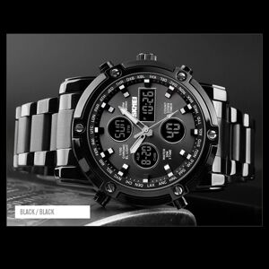 TOMTOP La montre en acier de la mode multifonctionnelle trois temps grand cadran d'affaires hommes électroniques montre des montres Black + Black - Publicité