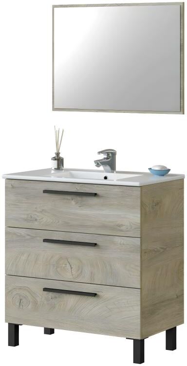 Pegane Meuble salle de bain sous vasque avec 3 Tiroirs + 1 Miroir coloris Alaska chêne - Longueur 80 x Profondeur 45 x Hauteur 86 cm