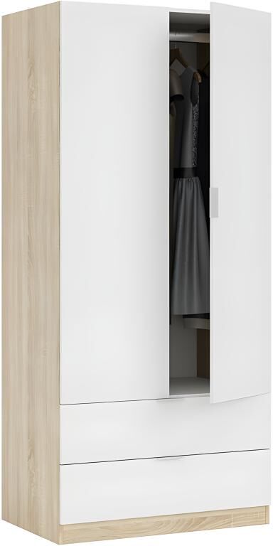 Tendencio Armoire avec 2 portes et 2 tiroirs, Finition blanc et bois, 81 cm (L) x 180 cm (H) x 52 cm (P)