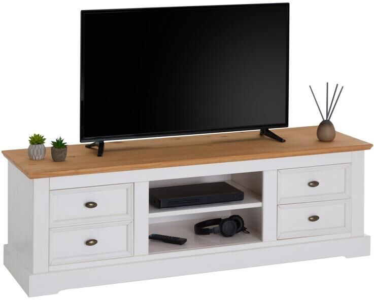 Idimex Meuble TV KENT banc télévision en pin massif lasuré blanc et brun 144 x 46 x 45 cm, avec 4 tiroirs et 2 niches