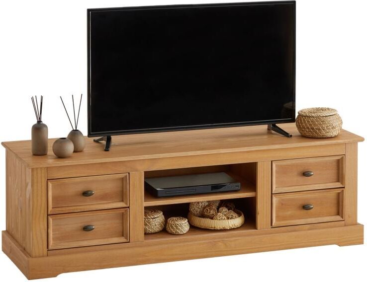 Idimex Meuble TV KENT banc télévision en pin massif finition cirée 144 x 46 x 45 cm, avec 4 tiroirs et 2 niches