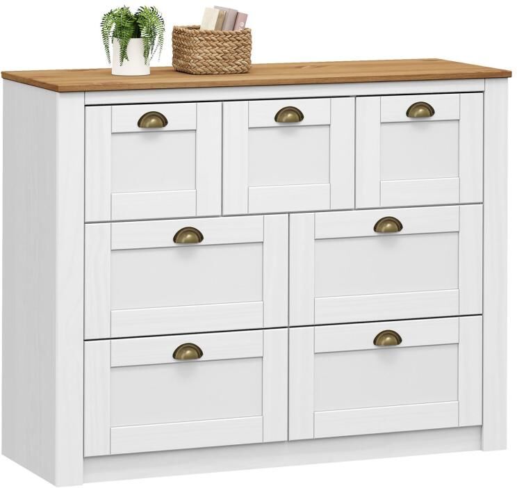 Idimex Commode BOLTON buffet meuble de rangement avec 3 petits et 4 grands tiroirs, style classique, en pin massif lasuré blanc et brun