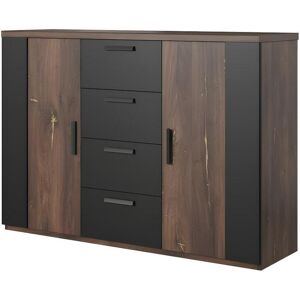 Price Factory Commode design 2 portes et 4 tiroirs 130cm. Collection FOX coloris chêne foncé et noir.