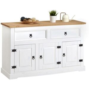 Idimex Buffet TEQUILA commode bahut vaisselier en bois style mexicain avec 2 tiroirs et 3 portes battantes, en pin lasuré blanc et brun