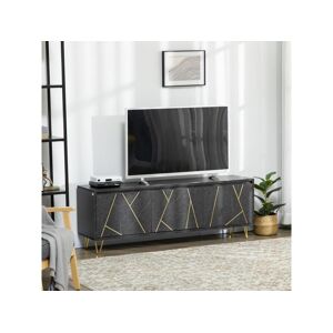 Homcom Meuble TV banc TV style art déco - 3 portes, 2 étagères - piètement épingle métal doré MDF aspect marbre noir rainures dorées